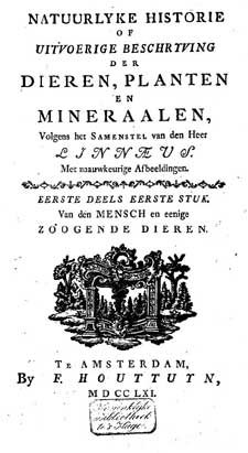 Titelpagina van de 'Natuurlijke Historie'', Deel 1, 1761, door Martinus Houttuyn.