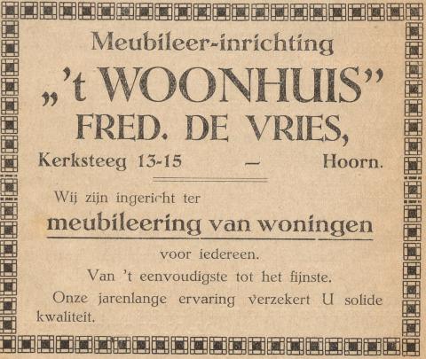 advertentie - Meubileerinrichting 't Woonhuis - Fred. de Vries