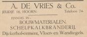 advertentie - A. de Vries & Co. -  Schelpkalkbranderij en handel in bouwmaterialen