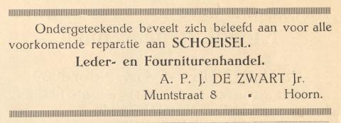 advertentie - Schoenmakerij  A. P. J. de Zwart Jr.
