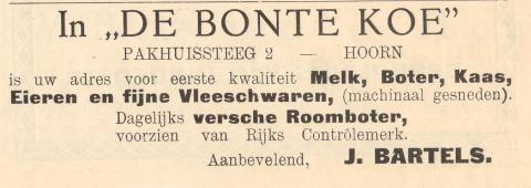 advertentie - Melkhandel  'De Bonte Koe'. J. Bartels.