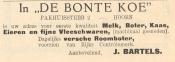 advertentie - Melkhandel  'De Bonte Koe'. J. Bartels.