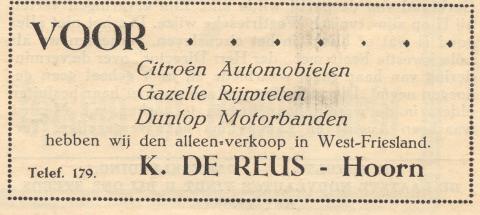 advertentie - K. de Reus - Auto en rijwielhandel