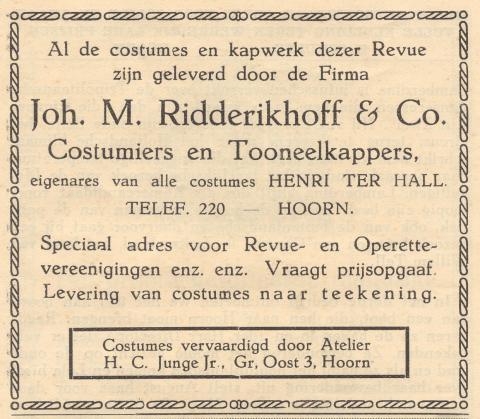 advertentie - Joh. M. Ridderikhoff & Co - Costumiers en toneelkappers