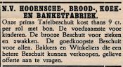 advertentie - N.V. Hoornsche-, Brood-, Koek-en Banketfabriek