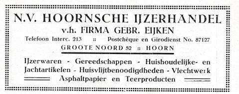advertentie - N.V. Hoornsche Ijzerhandel v.h. Firma Gebr. Eijken