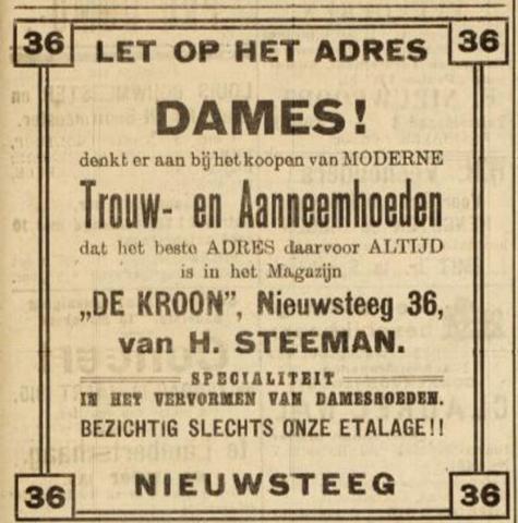 advertentie - Trouw- en Aanneemhoeden Magazijn 'De Kroon', H. Steeman